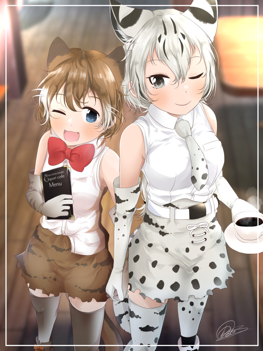 2girls ;) ;d absurdres amemiya_neru animal_ear_fluff animal_ears animal_print bangs bare_shoulders belt blue_eyes blurry blurry_background bobcat_(kemono_friends) bow bowtie brown_hair cat_ears cat_print cat_tail cup depth_of_field elbow_gloves extra_ears flat-headed_cat_(kemono_friends) gloves green_eyes hair_between_eyes highres holding holding_cup holding_menu holding_weapon indoors interlocked_fingers kemono_friends menu multicolored_hair multiple_girls necktie one_eye_closed open_mouth print_gloves print_legwear print_neckwear print_skirt red_neckwear shirt short_hair silver_hair skirt sleeveless sleeveless_shirt smile steam tail teacup thighhighs two-tone_hair weapon white_belt white_hair white_shirt wooden_floor