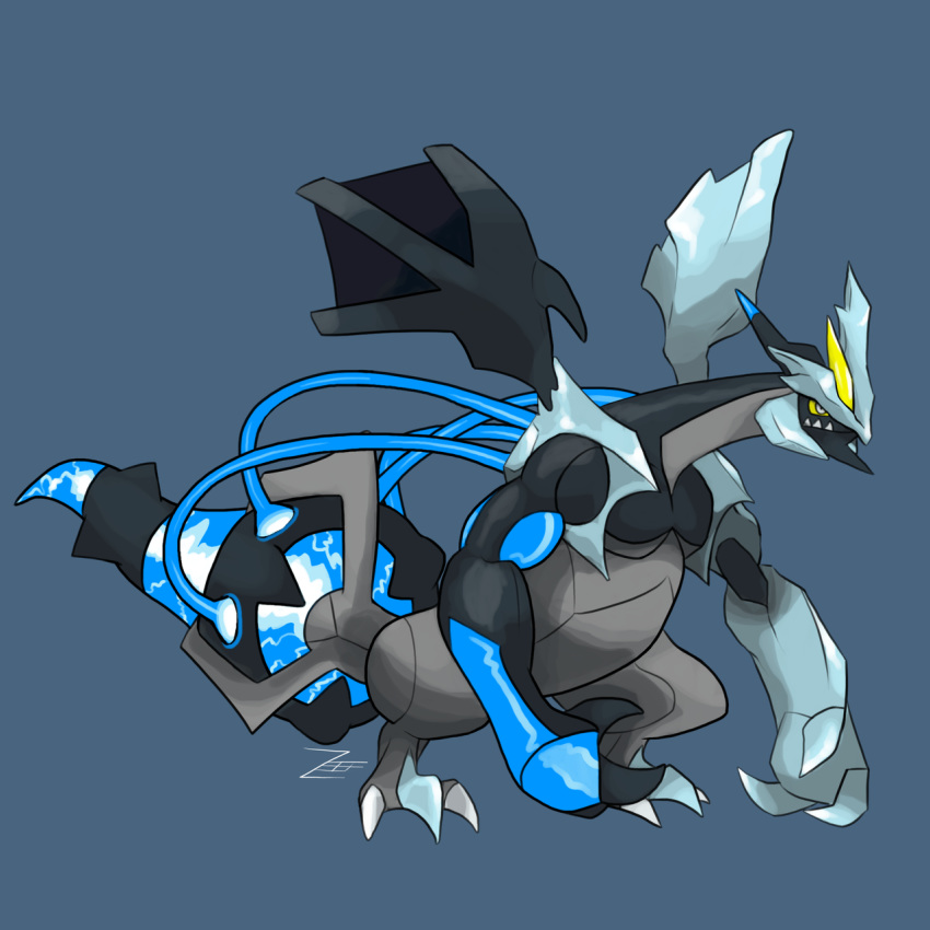 black_kyurem blue_background claws commentary creature english_commentary full_body gen_5_pokemon highres kyurem no_humans pokemon pokemon_(creature) sharp_teeth signature simple_background solo standing teeth white_eyes yellow_sclera zeefster