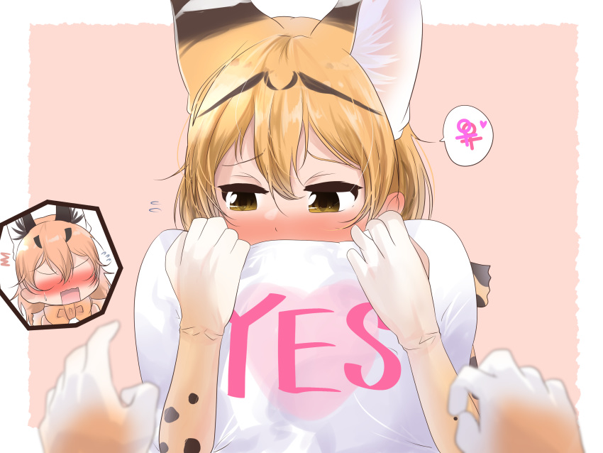 /\/\/\ 2girls absurdres amemiya_neru animal_ear_fluff animal_ears bangs blonde_hair blurry_foreground blush bow bowtie caracal_(kemono_friends) caracal_ears cut-in elbow_gloves embarrassed extra_ears female_pov flying_sweatdrops gloves hair_between_eyes highres holding holding_pillow implied_yuri kemono_friends looking_away multiple_girls nose_blush pillow pink_background pov pov_hands print_gloves serval_(kemono_friends) serval_ears serval_print simple_background solo_focus spoken_venus_symbol venus_symbol yellow_eyes yes yes-no_pillow