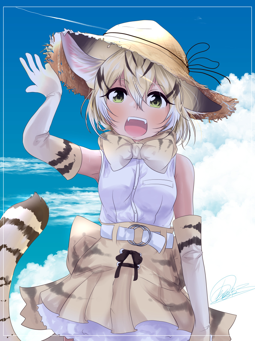 1girl :d absurdres amemiya_neru animal_ear_fluff animal_ears bangs bare_shoulders belt blue_sky cat_ears cat_tail cloud day elbow_gloves extra_ears fangs gloves green_eyes hair_between_eyes hand_up hat highres kemono_friends looking_at_viewer multicolored_hair open_mouth outdoors petticoat print_gloves print_neckwear print_skirt sand_cat_(kemono_friends) sand_cat_print shirt short_hair skirt sky sleeveless sleeveless_shirt smile solo straw_hat tail white_hair white_shirt