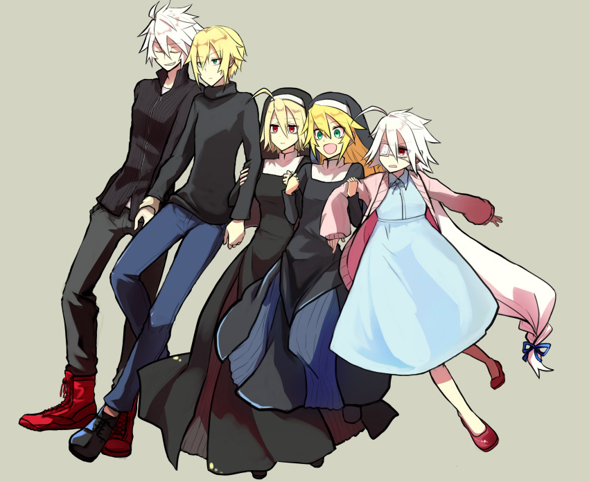 2boys 3girls absurdres ahoge alternate_costume blazblue blonde_hair boots casual closed_eyes closed_mouth confused deadpan denim dress eyepatch full_body green_eyes grey_background habit happy hat headwear height_difference highres holding_arm jacket jeans jin_kisaragi lambda-11 long_hair medical_eyepatch multiple_boys multiple_girls noel_vermillion nu-13 nun open_mouth pants ragna_the_bloodedge red_eyes shirt shoes short_hair silver_hair simple_background smile smirk sweater turtleneck turtleneck_sweater watashihatomato white_hair