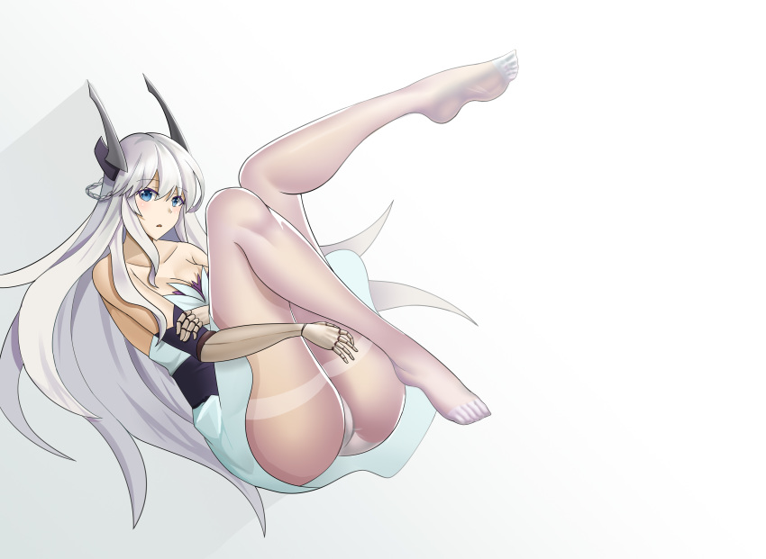 1girl absurdres blue_eyes boots dido_(warship_girls_r) dress highres long_hair no_shoes pantyhose prosthesis prosthetic_arm soles toes warship_girls_r white_legwear xian_ting_xinbu