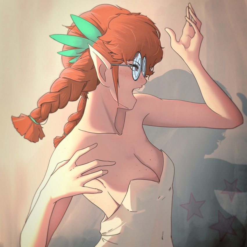 backless_dress backless_outfit bangs bare_shoulders braid breasts cleavage dress elliemaplefox freckles freckles_(space_dandy) glasses hand_up highres long_hair medium_breasts open_mouth orange_hair pointy_ears profile sleeveless sleeveless_dress space_dandy star strapless strapless_dress twin_braids twintails upper_body white_dress