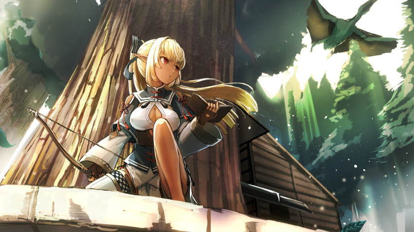 1girl ark_survival_evolved black_gloves blonde_hair book bow_(weapon) breasts cleavage cleavage_cutout dark_skin dinosaur fingerless_gloves flying forest gloves hair_ornament highres holding holding_book holding_bow_(weapon) holding_weapon hololive namako_(namacotan) nature outdoors pointy_ears pteranodon red_eyes shiranui_flare tree virtual_youtuber weapon