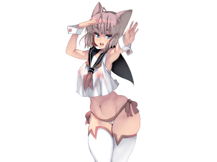 animal_ears aqua_eyes brown_hair collar erect_nipples fang masao navel original panties school_uniform see_through short_hair thighhighs underwear white wristwear