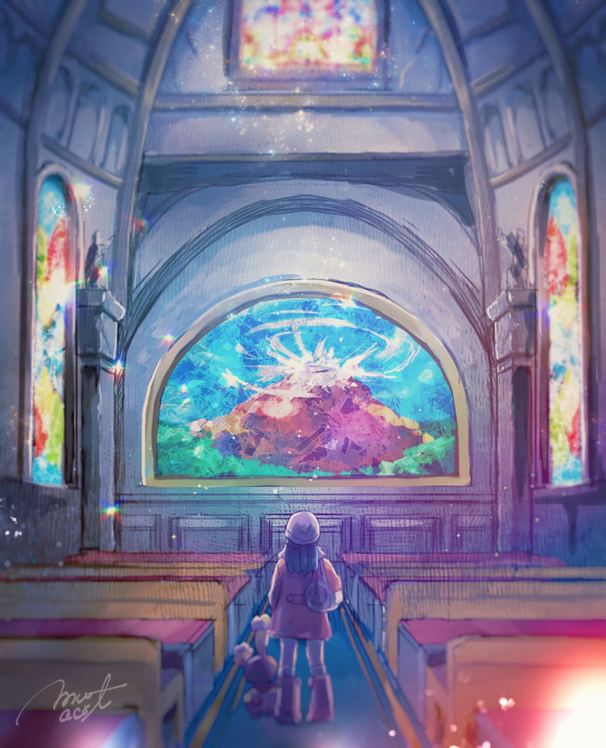 1girl beanie boots buneary creature from_behind gen_4_pokemon hat highres hikari_(pokemon) indoors long_hair pokemon pokemon_(creature) pokemon_(game) pokemon_dppt pokemon_platinum signature stained_glass standing white_headwear