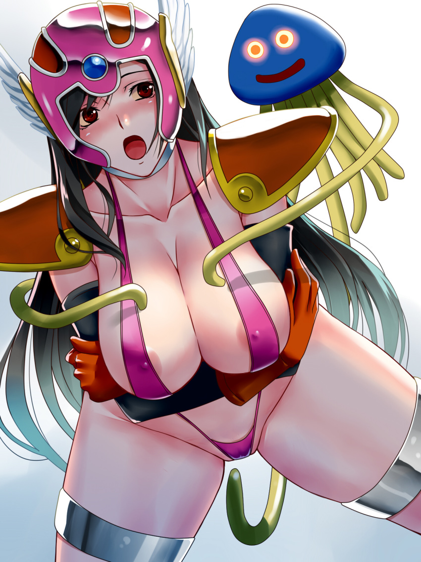 1girl areola_slip areolae arms_under_breasts bangs bent_over black_hair blush breast_hold breasts cleavage collarbone cosplay covered_nipples crossed_arms dragon_quest final_fantasy final_fantasy_vii gloves glowing glowing_eyes gradient gradient_background helmet highres large_breasts long_hair monster open_mouth red_eyes slime slime_(dragon_quest) slingshot_swimsuit suuitchi swimsuit tifa_lockhart