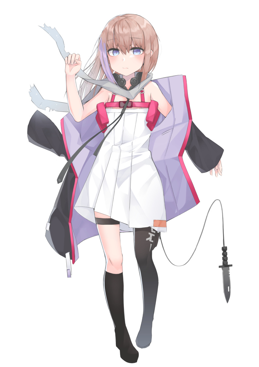 1girl absurdres asd_choi010913 bangs bare_shoulders black_legwear blue_eyes breasts brown_hair closed_mouth commentary dress eyebrows_visible_through_hair girls_frontline gloves grey_scarf hair_between_eyes hair_ornament highres jacket kneehighs knife long-hair long_hair looking_at_viewer multicolored_hair pink_hair pink_jacket scarf simple_background small_breasts solo st_ar-15_(girls_frontline) streaked_hair thighhighs torn_scarf weapon white_background white_dress