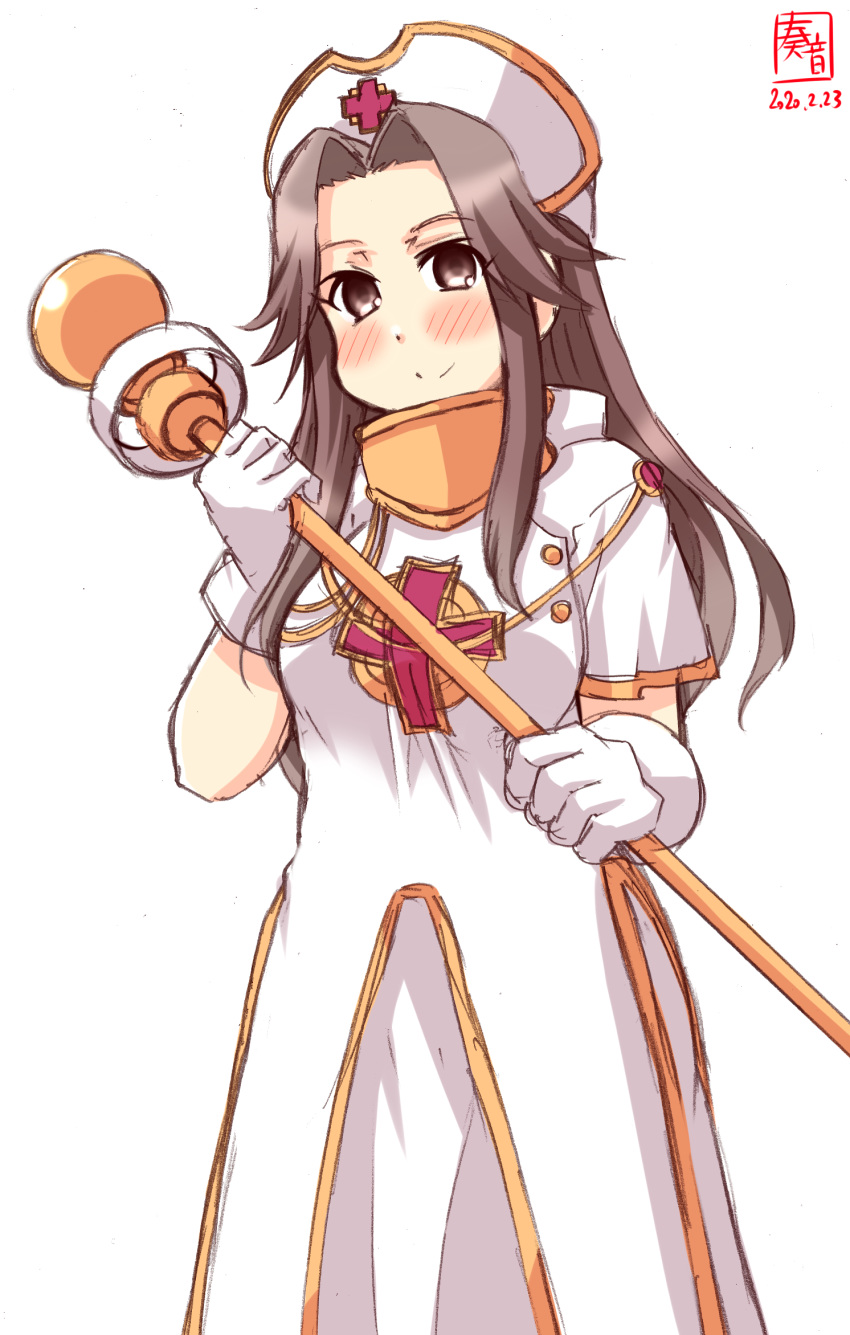 1girl artist_logo blush brown_eyes brown_hair commentary_request cosplay cross dated dress gloves hair_intakes hat highres jintsuu_(kantai_collection) kanon_(kurogane_knights) kantai_collection long_hair look-alike mint_adenade mint_adenade_(cosplay) nose_blush nurse_cap short_sleeves simple_background solo staff tales_of_(series) tales_of_phantasia white_background white_dress white_gloves