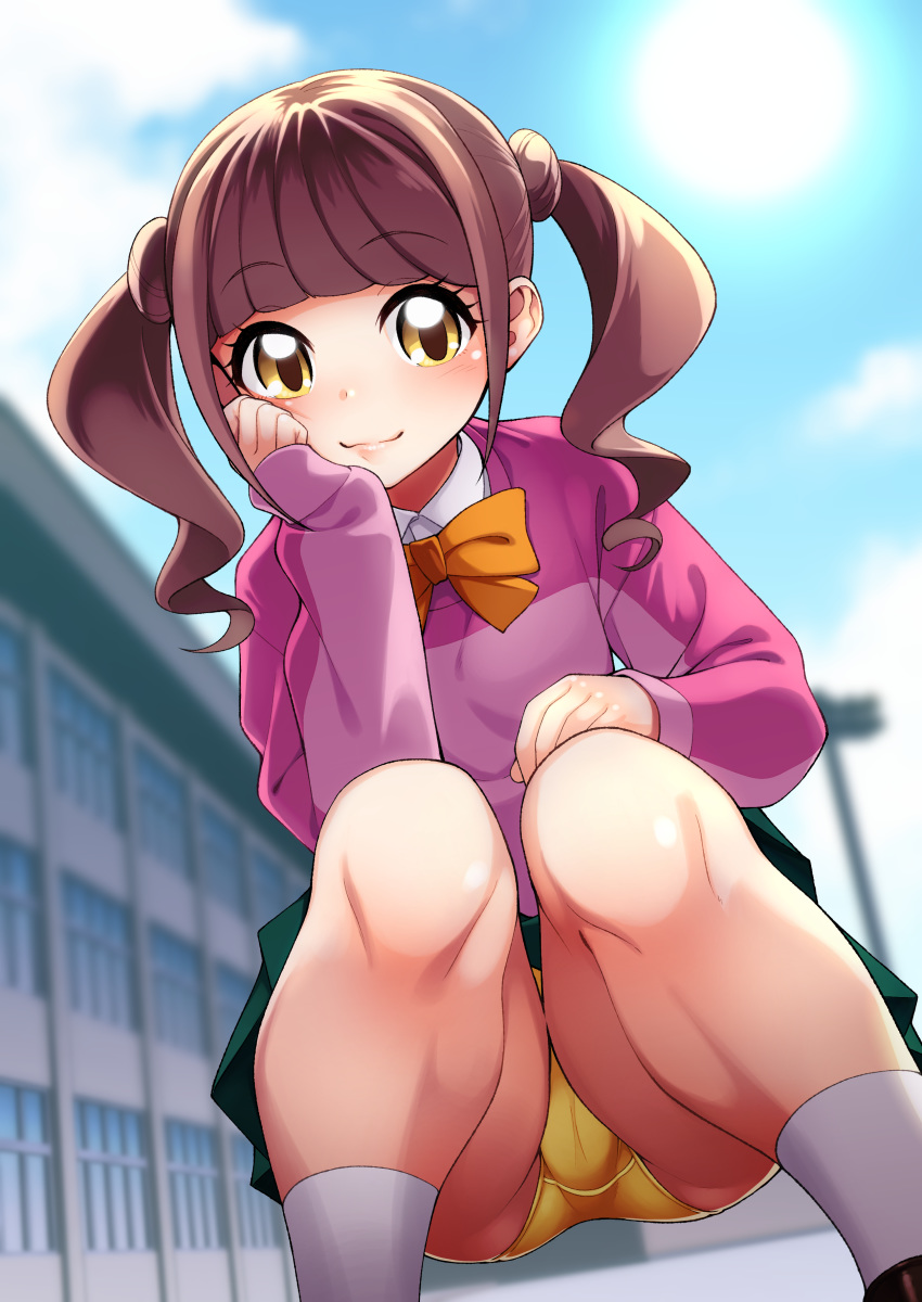 1girl absurdres blue_sky bow bowtie brown_hair closed_mouth cloud commentary_request day eyebrows_visible_through_hair hayashi_keita healin'_good_precure highres hiramitsu_hinata long_sleeves looking_at_viewer outdoors panties precure short_hair sky smile socks solo squatting twintails underwear yellow_eyes yellow_neckwear yellow_panties