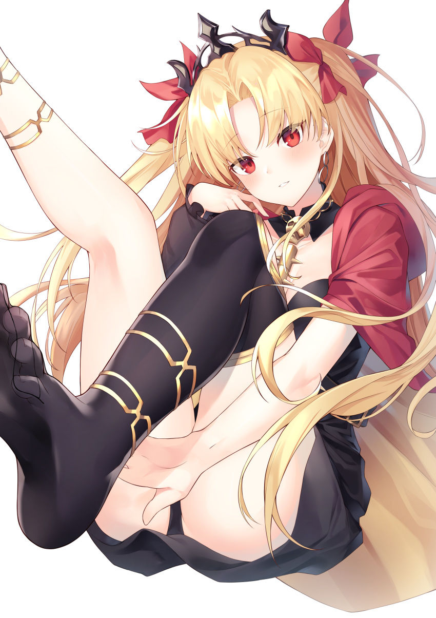 1girl absurdres asymmetrical_legwear asymmetrical_sleeves bangs between_breasts black_legwear blonde_hair blush bow breasts cape detached_collar dress earrings ereshkigal_(fate/grand_order) fate/grand_order fate_(series) feet hair_bow highres hoop_earrings infinity jewelry kina leaning_back legs_up long_hair long_sleeves looking_at_viewer medium_breasts multicolored multicolored_cape multicolored_clothes necklace parted_bangs red_bow red_cape red_dress red_eyes short_dress simple_background single_sleeve single_thighhigh sitting skull solo spine thighhighs tiara two_side_up white_background yellow_cape