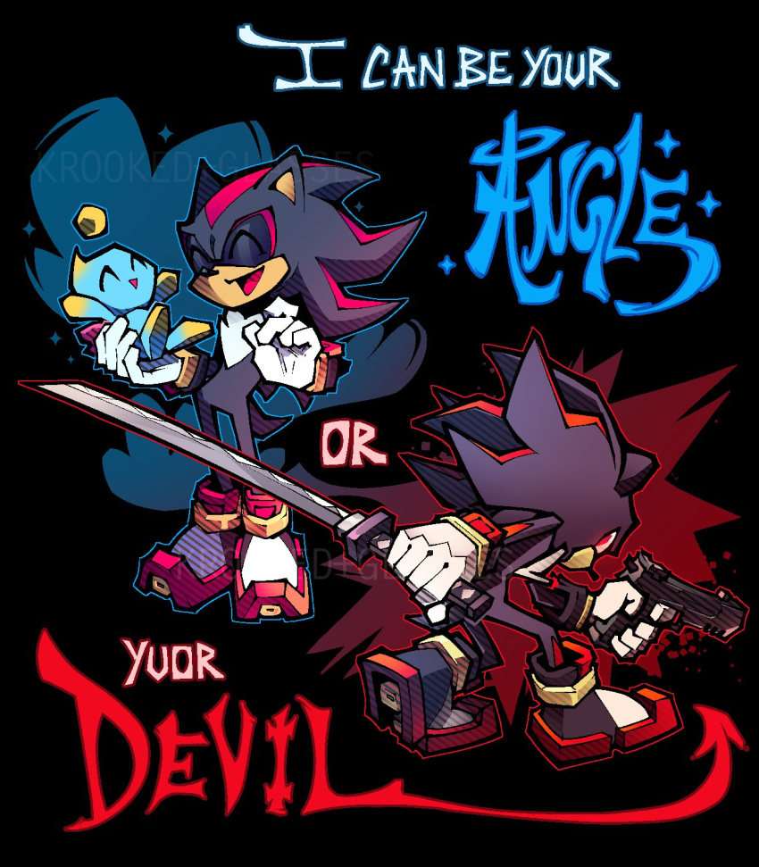 1boy 1other black_hair chao_(sonic) commentary dav_(krooked_glasses) dual_wielding english_commentary english_text fighting_stance gloves gun handgun highres holding holding_gun holding_sword holding_weapon katana meme multiple_views pistol red_eyes reverse_grip shadow_the_hedgehog shadow_the_hedgehog_(game) shoes sneakers sonic_the_hedgehog spiked_hair sword typo watermark weapon white_gloves