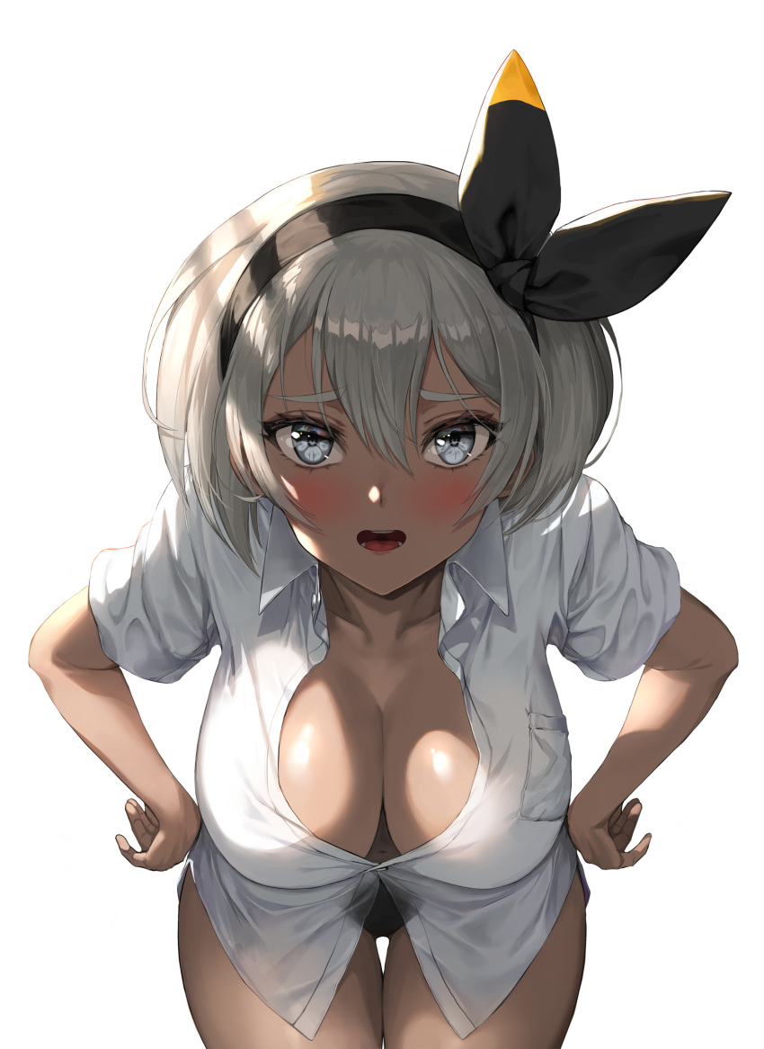 1girl absurdres alternate_breast_size bangs black_hairband black_panties blush breasts cleavage collarbone collared_shirt cowboy_shot dark_skin downblouse greem_bang grey_eyes grey_hair hair_between_eyes hairband hands_on_hips highres large_breasts looking_at_viewer open_mouth panties partially_unbuttoned pokemon pokemon_(game) pokemon_swsh saitou_(pokemon) shirt short_hair short_sleeves simple_background solo underwear white_background white_shirt