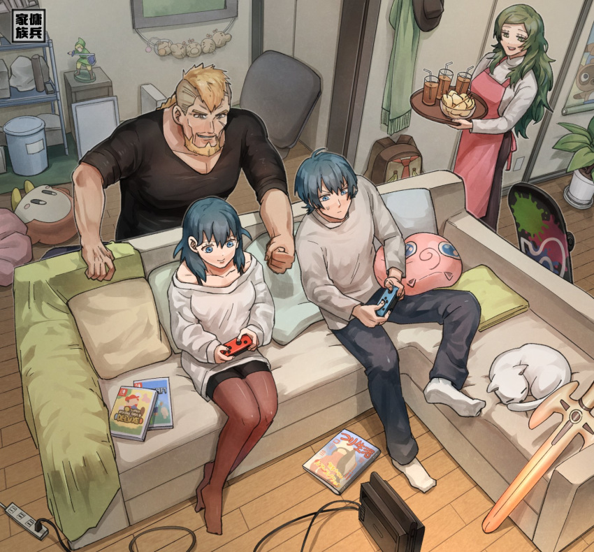 2boys 2girls apron beard blue_hair brown_hair byleth_(fire_emblem) byleth_(fire_emblem)_(female) byleth_(fire_emblem)_(male) cat commentary_request contemporary couch facial_hair facial_scar family father_and_daughter father_and_son fire_emblem fire_emblem:_three_houses glass green_hair highres jeralt_reus_eisner korokoro_daigorou long_hair mother_and_daughter mother_and_son multiple_boys multiple_girls nintendo_switch pantyhose plant playing_games potted_plant scar scar_on_cheek scarf sitri_(fire_emblem) skateboard sleeping_animal smile sweater tray