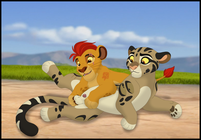 animal_genitalia ball_fondling balls black_border border clouded_leopard disney duo felid feline feral feral_on_feral fondling fur genitals hi_res kaion kion lion male male/male mammal pantherine penis penis_tip sheath the_lion_guard the_lion_king you_mibu young