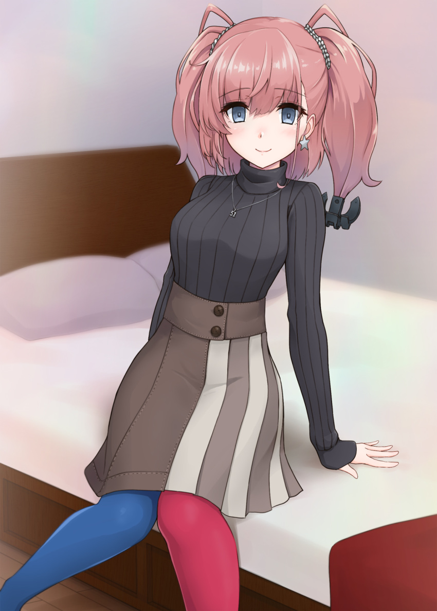 1girl alternate_costume atlanta_(kantai_collection) bed black_sweater blue_legwear breasts brown_hair brown_skirt casual earrings eyebrows_visible_through_hair grey_eyes highres jewelry kantai_collection kodama_(user_rnfr3534) large_breasts long_hair looking_at_viewer mismatched_legwear necklace pantyhose red_legwear ribbed_sweater sitting skirt smile solo star star_earrings sweater turtleneck turtleneck_sweater two_side_up