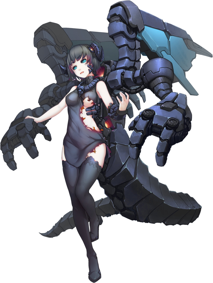 1girl areola_slip areolae atk7 black_hair black_legwear black_sclera blue_eyes burnt_clothes covered_navel covered_nipples eyebrows_visible_through_hair highres horns mecha_musume mechanical_tail mechanical_wings open_mouth original short_hair simple_background solo tail thighhighs turtleneck white_background wings