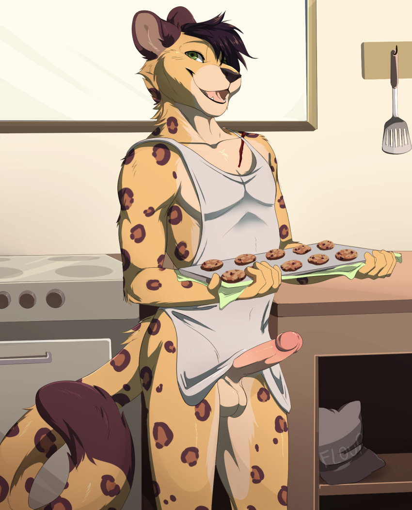 amur_leopard anthro apron balls bottomless christmas circumcised clothed clothing cole_(cole_rs) cookie digital_media_(artwork) erection felid feline felis fight_(artist) food fur genitals hair hi_res holding_object holidays humanoid_genitalia leopard looking_at_viewer male mammal nude open_mouth pantherine penis smile solo spots spotted_body spotted_fur