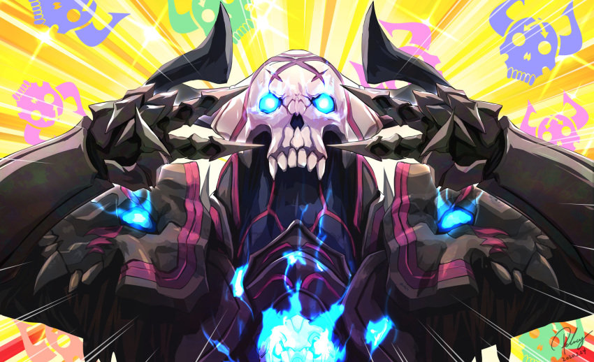 1boy armor black_armor blue_eyes dated double_v emotional_engine_-_full_drive fate/grand_order fate_(series) gauntlets glowing glowing_eyes hands_up highres horns king_hassan_(fate/grand_order) parody pauldrons re_lucy signature skull skull_mask solo sparkle striped striped_background v yellow_background