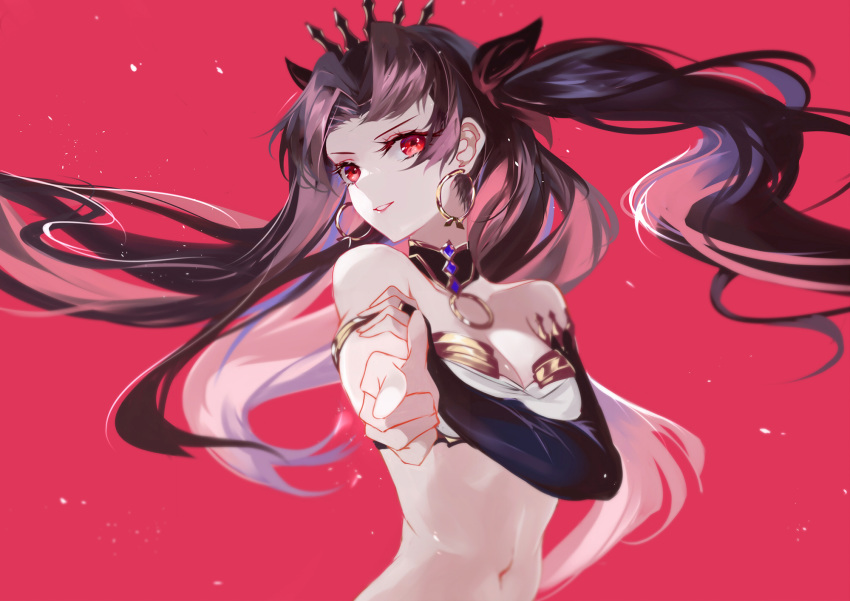 1girl aiming_at_viewer bangs bare_shoulders black_bow black_hair bow breasts cleavage collarbone commentary_request detached_collar detached_sleeves earrings fate/grand_order fate_(series) finger_gun hair_bow highres hoop_earrings ishtar_(fate)_(all) ishtar_(fate/grand_order) jewelry long_hair long_sleeves medium_breasts navel outstretched_arm parted_bangs parted_lips pink_background red_lips simple_background single_detached_sleeve two_side_up upper_body v-shaped_eyebrows vardan very_long_hair