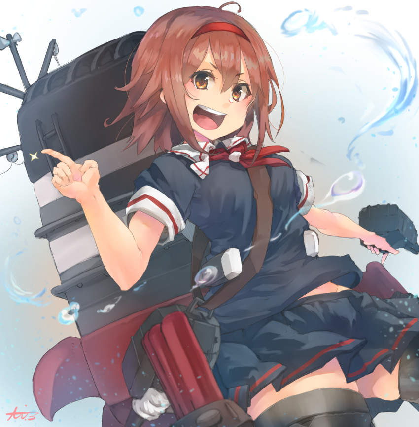 1girl adapted_turret ahoge akicosmossakasa black_serafuku brown_eyes brown_hair cannon cowboy_shot hairband highres index_finger_raised kantai_collection looking_at_viewer machinery neckerchief open_mouth red_hairband red_neckwear school_uniform serafuku shiratsuyu_(kantai_collection) short_hair signature smile smokestack solo turret upper_teeth water