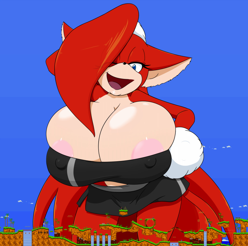 2015 absurd_res angel_the_catgirl angelthecatgirl anthro areola big_breasts bottomwear breasts cheerleader cleavage clothed clothing curvy_figure domestic_cat emerald_hill emerald_hill_zone felid feline felis female hair hair_over_eye hi_res huge_breasts humanoid hyper hyper_breasts macro mammal nipple_outline one_eye_closed one_eye_obstructed open_mouth skirt sonic_the_hedgehog_(series) voluptuous wide_hips wink