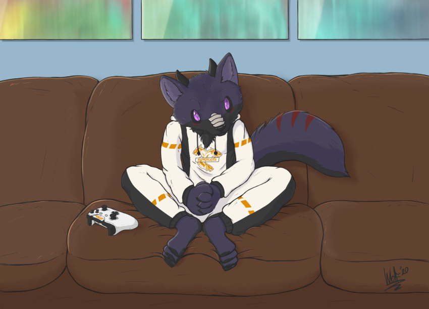 2020 anthro black_body black_fur black_horn black_nose canid canine canis claws clothing colored controller demon detailed_background fluffy fur furniture hi_res horn looking_at_viewer mammal markings photo purple_body purple_eyes purple_fur shadow signature sitting smile sofa solo teeth wolf wolfarion wolfarion_(character) young