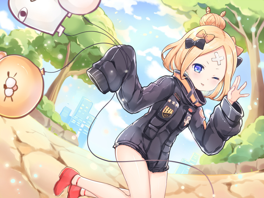 1girl ;p abigail_williams_(fate/grand_order) absurdres bangs black_bow black_jacket blonde_hair blue_eyes blue_sky blush bow closed_mouth cloud commentary_request crossed_bandaids day dutch_angle fate/grand_order fate_(series) hair_bow hair_bun hand_up heroic_spirit_traveling_outfit highres holding_balloon jacket kiri_sakura long_hair long_sleeves medjed one_eye_closed orange_bow outdoors parted_bangs red_footwear shoes sky sleeves_past_fingers sleeves_past_wrists smile solo tongue tongue_out tree v-shaped_eyebrows