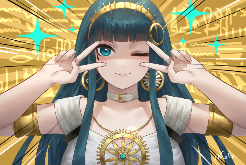 1girl bangs breasts cleopatra_(fate/grand_order) collar commentary_request double_v earrings emotional_engine_-_full_drive fate/grand_order fate_(series) green_eyes green_hair hairband highres hoop_earrings jewelry long_hair looking_at_viewer necklace nhaliz one_eye_closed smile solo v very_long_hair white_collar