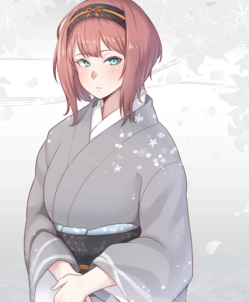 1girl alternate_costume ark_royal_(kantai_collection) bangs blue_eyes blush closed_mouth commentary_request floral_background floral_print hairband hands_together highres japanese_clothes kantai_collection kimono long_sleeves looking_at_viewer obi red_hair ryuun_(stiil) sash short_hair solo upper_body wide_sleeves