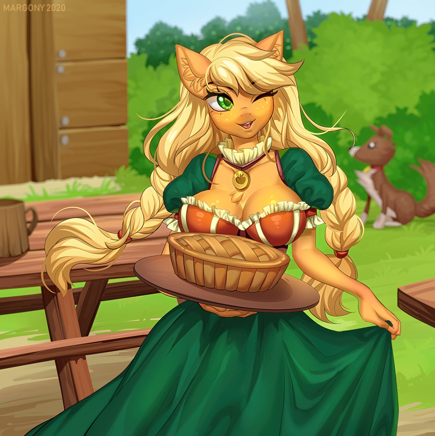 2020 alternate_hairstyle ambiguous_gender anthro apple_pie applejack_(mlp) blonde_hair braided_hair breasts canid canine canis cleavage clothed clothing digital_media_(artwork) domestic_dog dress earth_pony equid equine female female_focus food friendship_is_magic green_eyes hair hi_res holding_food holding_object horse inner_ear_fluff long_hair mammal margony my_little_pony one_eye_closed open_mouth open_smile outside pie pony smile solo_focus tuft wink winona_(mlp)