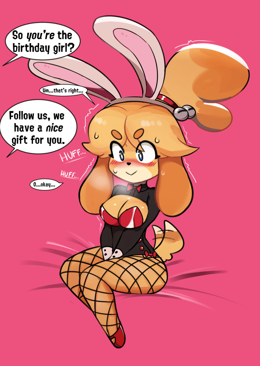 animal_crossing badguyvivi blush breasts bunny_costume canid canine clothing costume hi_res isabelle isabelle_(animal_crossing) mammal nintendo video_games