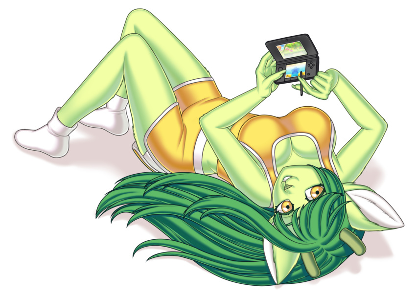 2020 big_breasts bottomwear breasts cervid cleavage clothed clothing female fur green_body green_fur green_hair hair hi_res horn kirby_(series) legwear looking_at_viewer mammal nails neonway nintendo nintendo_3ds nintendo_ds_family shirt shorts simple_background socks teeth topwear video_games