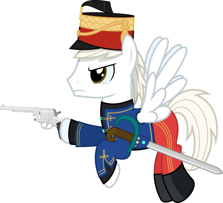 2019 absurd_res alpha_channel angry boots clothed clothing coat equid equine fan_character feral flying footwear fully_clothed green_eyes gun hair handgun hat headgear headwear hi_res male mammal melee_weapon military_uniform my_little_pony parclytaxel pterippus ranged_weapon revolver sabre_(weapon) simple_background solo sword topwear transparent_background tunic uniform weapon white_body white_hair wings