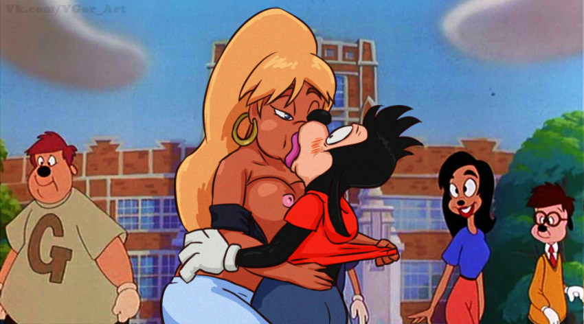 2020 big_breasts black_nose blonde_hair breasts canid canine canis clothed clothing digital_media_(artwork) disney domestic_dog female goof_troop hair hi_res huge_breasts kissing lisa_(goof_troop) male male/female mammal max_goof nipples vylfgor