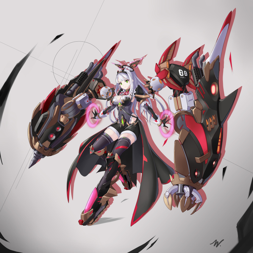 1girl absurdres black_background boots breasts caterpillar_tracks commentary_request exhaust_pipe extra_arms eyebrows_visible_through_hair frills full_body gloves glycyrrhizae~ green_eyes grey_background hairband high_ponytail highres knee_boots large_breasts long_hair looking_at_viewer mecha_musume mechanical_arm original pile_bunker puffy_sleeves robot_joints serious shorts solo thighhighs two-tone_background waist_cape white_hair