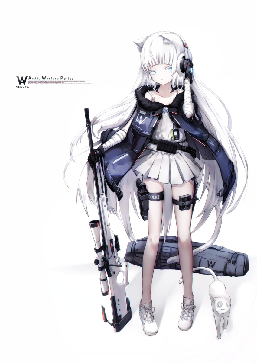 1girl ai_arctic_warfare animal artist_name awp_(girls_frontline)_(dyolf) bandaged_arm bandages bangs bare_shoulders black_gloves blue_eyes blue_jacket bolt_action cat colored_eyelashes commentary dress dyolf english_commentary english_text full_body fur-trimmed_jacket fur_trim girls_frontline gloves glowing gun hand_on_headphones hand_up handgun headphones highres holding holding_gun holding_weapon holster jacket knife long_hair no_socks off-shoulder_jacket original pistol pleated_dress rifle shoes simple_background sleeveless sleeveless_dress sniper_rifle sniper_scope solo standing thigh_holster very_long_hair weapon white_background white_cat white_dress white_footwear white_hair