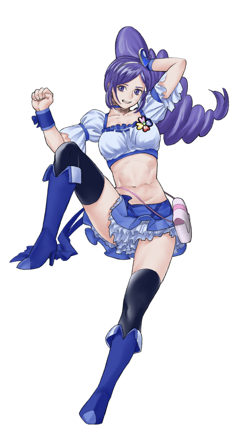 1girl absurdres badge bag bangs black_legwear boots breasts choker clenched_hand clenched_teeth collarbone commentary_request crop_top cure_berry eyebrows_behind_hair fresh_precure! frilled_skirt frills full_body hairband hand_in_hair high_heel_boots high_heels high_ponytail highres knee_boots lace lace-trimmed_shirt layered_skirt leg_up long_hair looking_at_viewer medium_breasts midriff navel precure puffy_short_sleeves puffy_sleeves purple_choker purple_eyes purple_footwear purple_hair purple_ribbon purple_shirt purple_skirt ribbon shirt short_sleeves sidelocks skirt solo sweatdrop teeth thighhighs toned very_long_hair wrist_cuffs zettai_ryouiki zyaki