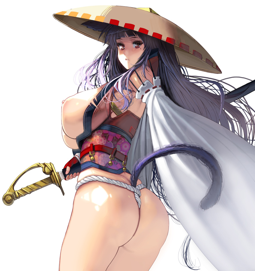 animal_ears artist_revision ass breasts fundoshi japanese_clothes masao nipples no_bra open_shirt sword tagme tail thong