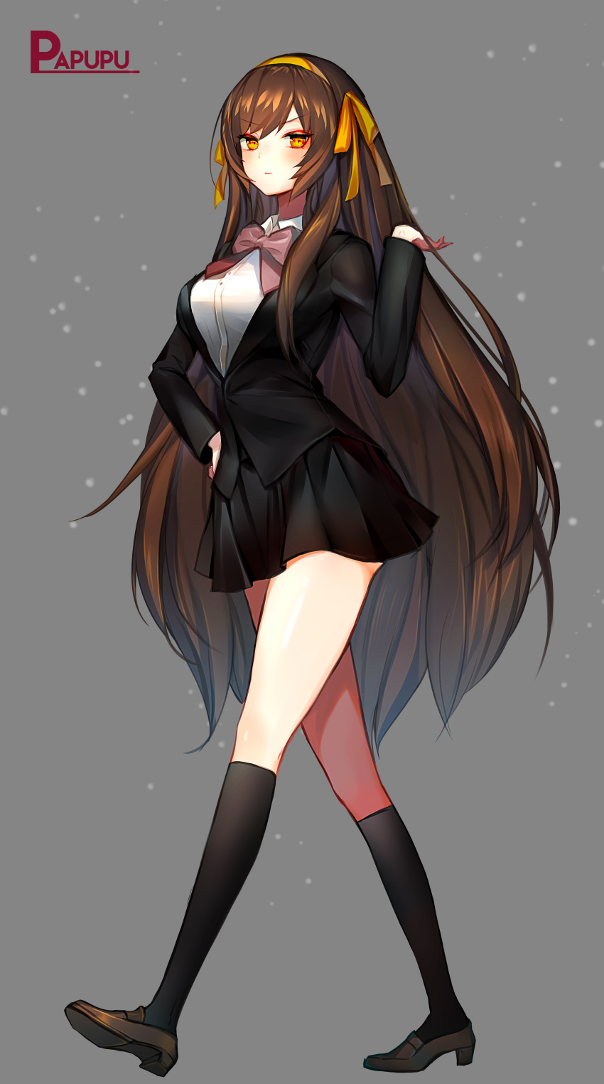 1girl absurdres artist_name black_skirt bow bowtie breasts brown_hair closed_mouth english_commentary eyebrows_visible_through_hair full_body grey_background hairband hand_on_hip hand_up highres kouyouen_academy_uniform long_hair long_sleeves looking_at_viewer orange_eyes orange_hairband papupu pleated_skirt school_uniform shirt shoes simple_background skirt solo suzumiya_haruhi suzumiya_haruhi_no_shoushitsu suzumiya_haruhi_no_yuuutsu very_long_hair walking white_shirt