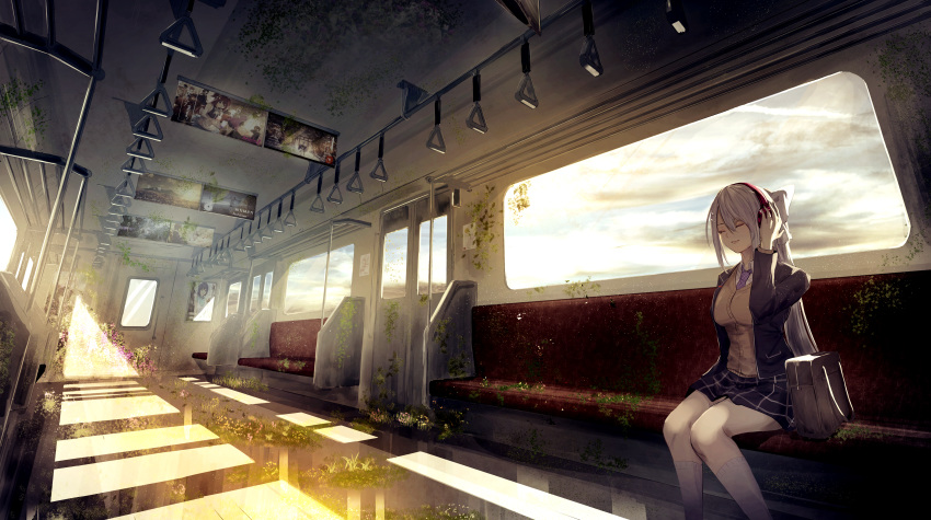 headphones higuchi_kaede kumamoto_nomii-kun long_hair nijisanji ponytail school_uniform train