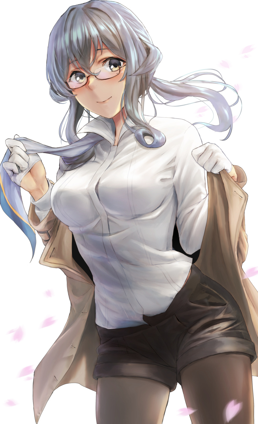 1girl beige_coat black_shorts blue_hair blush breasts brown-framed_eyewear brown_eyes brown_legwear coat eyebrows_visible_through_hair glasses gloves gotland_(kantai_collection) hair_between_eyes half_gloves highres kantai_collection kokuzoo long_hair long_sleeves looking_at_viewer mole mole_under_eye off_shoulder open_clothes open_coat pantyhose semi-rimless_eyewear shirt shorts smile solo under-rim_eyewear white_gloves white_shirt