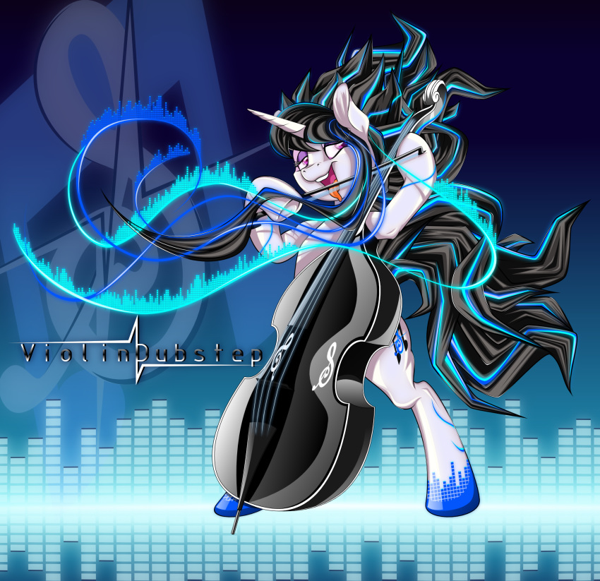 black_hair bowed_string_instrument cello dimidiummorsumbra equid feral friendship_is_magic fusion hair horn mammal musical_instrument my_little_pony octavia_(mlp) solo string_instrument tongue tongue_out unicorn vinyl_scratch_(mlp)