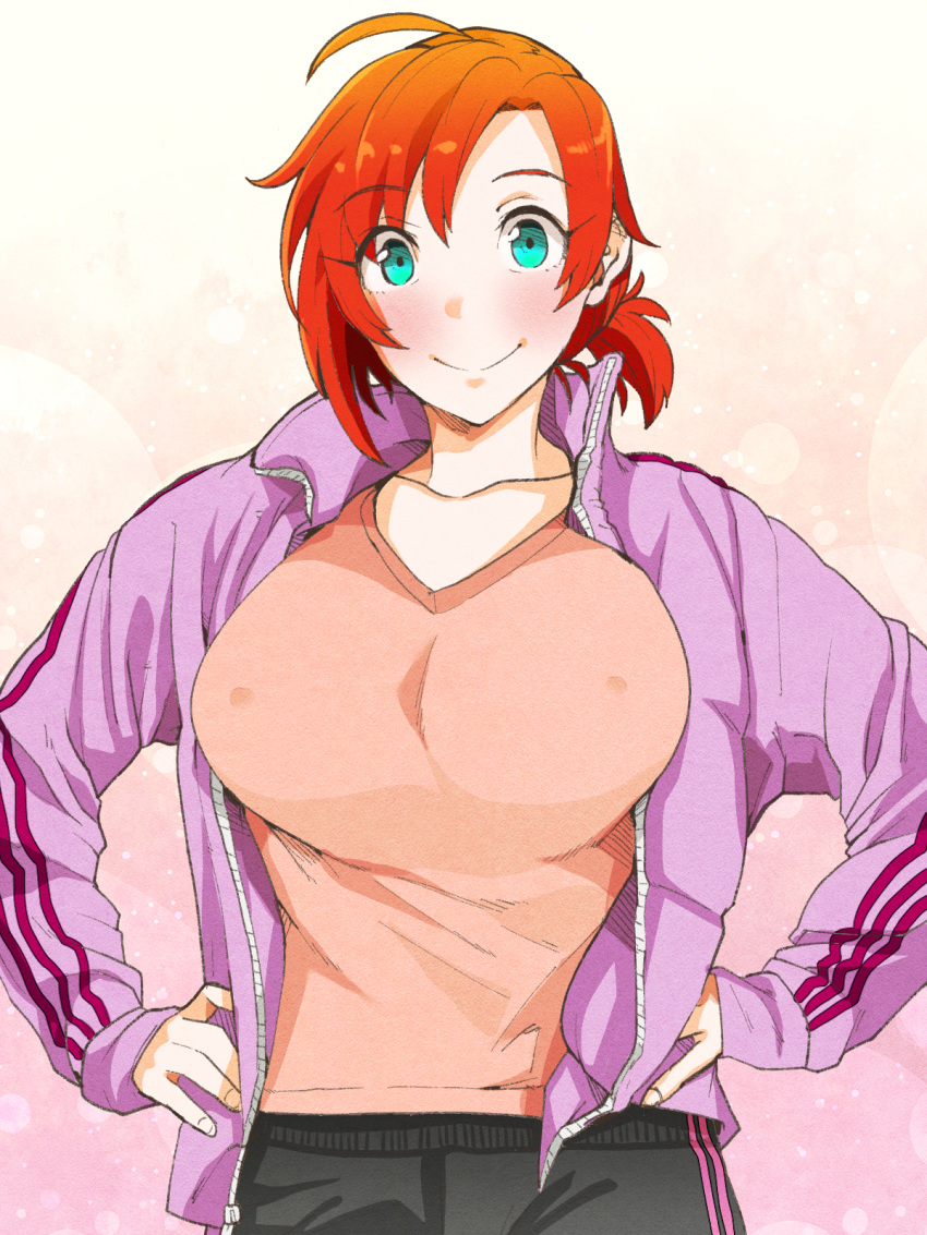 1girl 41_(taskmaster41) ahoge boudica_(fate/grand_order) breasts collarbone covered_nipples fate_(series) green_eyes hands_on_hips highres jacket large_breasts looking_at_viewer ponytail raised_eyebrows red_hair short_hair smile solo