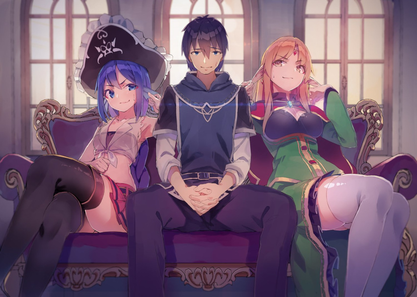 1boy 2girls armpits bandeau bare_shoulders black_legwear blonde_hair blue_eyes blue_hair braid braided_ponytail breasts cape character_request circlet closed_mouth collarbone couch crossed_legs dress ear_grab earrings endenburg_no_hanayome eyebrows_visible_through_hair eyeliner feet_out_of_frame forced_smile frilled_dress frilled_hat frills gem girl_sandwich glint green_dress hat indoors jewelry light_brown_eyes long_hair long_sleeves looking_at_another looking_at_viewer makeup medium_breasts midriff miniskirt monster_ears multiple_girls official_art on_couch pirate_hat pleated_skirt pointy_ears red_cape red_skirt sandwiched see-through shirt sidelocks sitting skirt sleeveless sleeveless_shirt small_breasts teardrop thighhighs thighs tied_shirt torn_clothes torn_shirt white_legwear white_shirt window yasumo_(kuusouorbital)