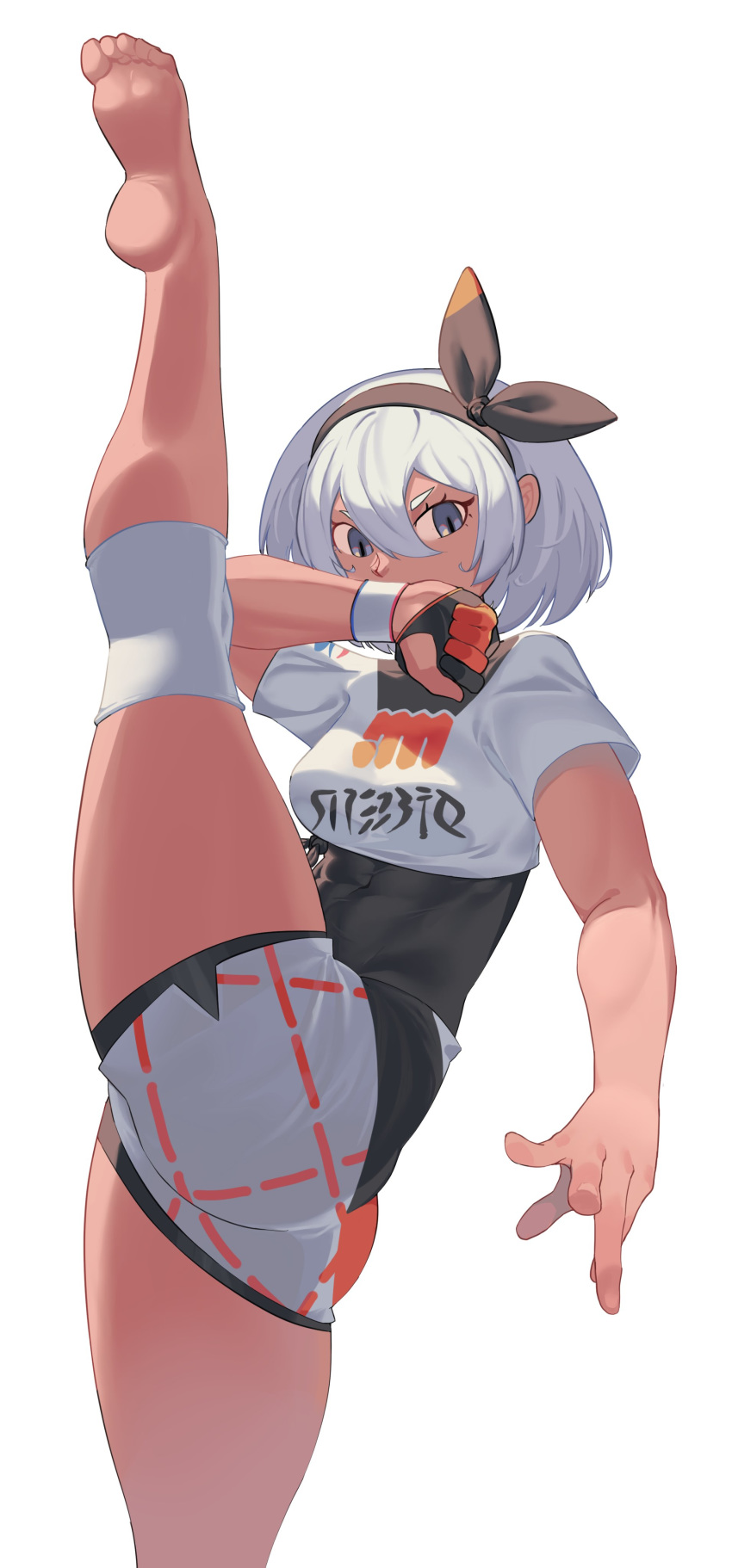 1girl absurdres ass barefoot black_hairband bodysuit_under_clothes breasts clenched_hand covering_mouth crop_top dark_skin feet fighting_stance flat_ass flexible gloves grey_hair gym_leader hair_between_eyes hairband highres knee_pads leg_lift leg_up pokemon pokemon_(game) pokemon_swsh print_shorts saitou_(pokemon) shorts silver_eyes single_glove small_breasts soles solo split standing standing_on_one_leg standing_split suwaiya toes