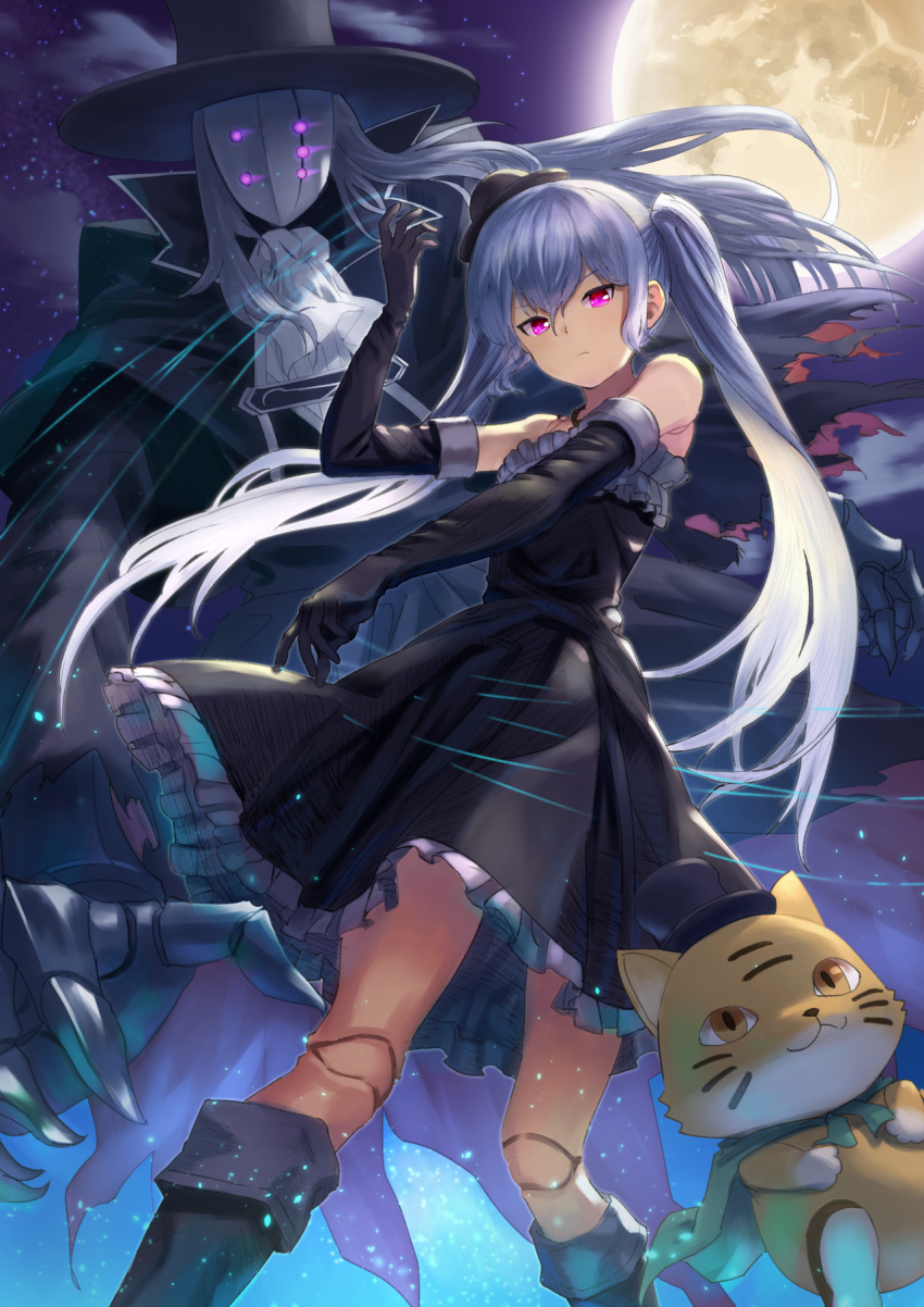 1girl animal arm_up bangs bare_shoulders black_dress black_footwear black_gloves black_headwear black_jacket boots bowler_hat brown_eyes cat commentary_request doll_joints dress elbow_gloves eyebrows_visible_through_hair frilled_dress frills full_moon gloves glowing glowing_eyes granblue_fantasy hair_between_eyes hat head_tilt highres jacket knee_boots lloyd_(granblue_fantasy) long_hair long_sleeves looking_at_viewer mask mini_hat moon night night_sky orchis outdoors purple_eyes sidelocks silver_hair sky sleeveless sleeveless_dress star_(sky) starry_sky top_hat twintails very_long_hair wasabi60
