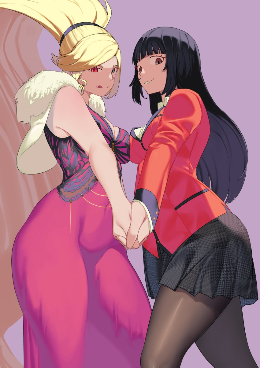 2girls bangs black_hair blonde_hair blue_eyes blunt_bangs breast_press breasts brown_eyes brown_legwear capelet cleavage commentary commission commissioner_upload crossover curvy dress english_commentary feather_boa grey_skirt heterochromia highres hilda_(under_night_in-birth) hime_cut holding_hands houndstooth interlocked_fingers jabami_yumeko jacket kakegurui large_breasts licking_lips long_dress long_hair multiple_girls pantyhose pink_background pink_dress red_eyes red_jacket skirt slit_pupils suit_jacket suwaiya symmetrical_docking thick_thighs thighs tongue tongue_out under_night_in-birth very_long_hair