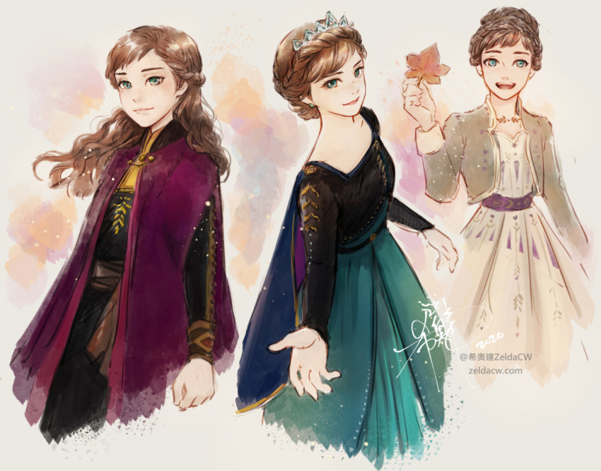 2020 3girls :d anna_(frozen) arm_at_side arms_at_sides autumn_leaves beige_background beige_dress belt black_shirt braid breasts brown_hair cape capelet commentary curly_hair dated dress earrings english_commentary floating_hair freckles frozen_(disney) frozen_ii_(disney) gradient gradient_background green_dress green_eyes grey_background hair_bun happy holding holding_leaf jacket jewelry leaf light_particles light_smile long_hair long_sleeves looking_away medium_breasts multicolored multicolored_background multiple_girls multiple_persona open_clothes open_jacket open_mouth orange_background outstretched_hand purple_background purple_cape shirt signature simple_background sketch smile teeth tiara tied_hair upper_teeth watermark web_address zelda_c_wang