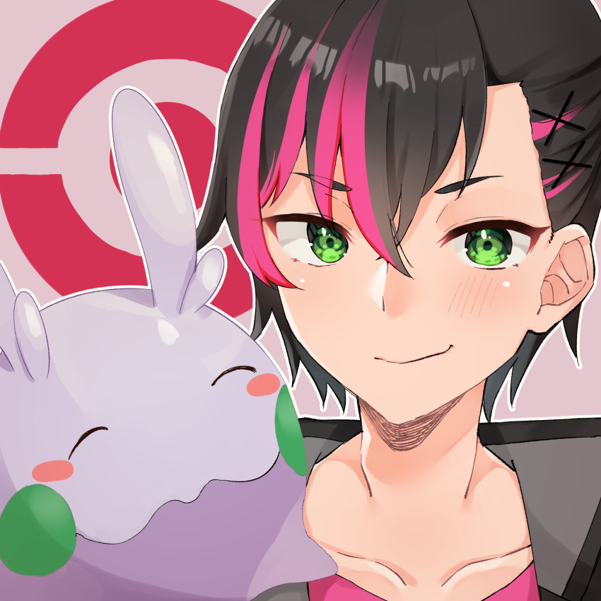 1girl abe_suke bangs black_hair black_jacket blush brown_background closed_mouth collarbone copyright_request eyebrows_visible_through_hair gen_6_pokemon goomy green_eyes hair_between_eyes hair_ornament highres jacket multicolored_hair open_clothes open_jacket outline pink_hair pink_shirt pokemon pokemon_(creature) shirt smile streaked_hair upper_body virtual_youtuber white_outline x_hair_ornament